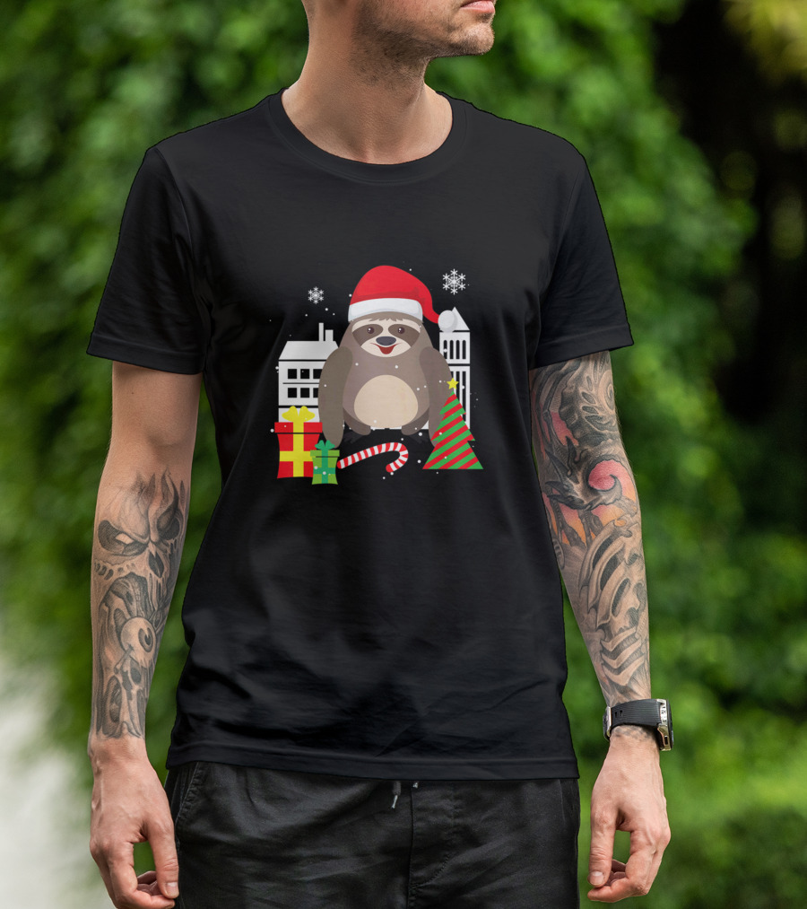 Sloth Lovers Christmas Funny Holiday Santa Hat Gifts Snowflakes Candy Cane T-Shirt