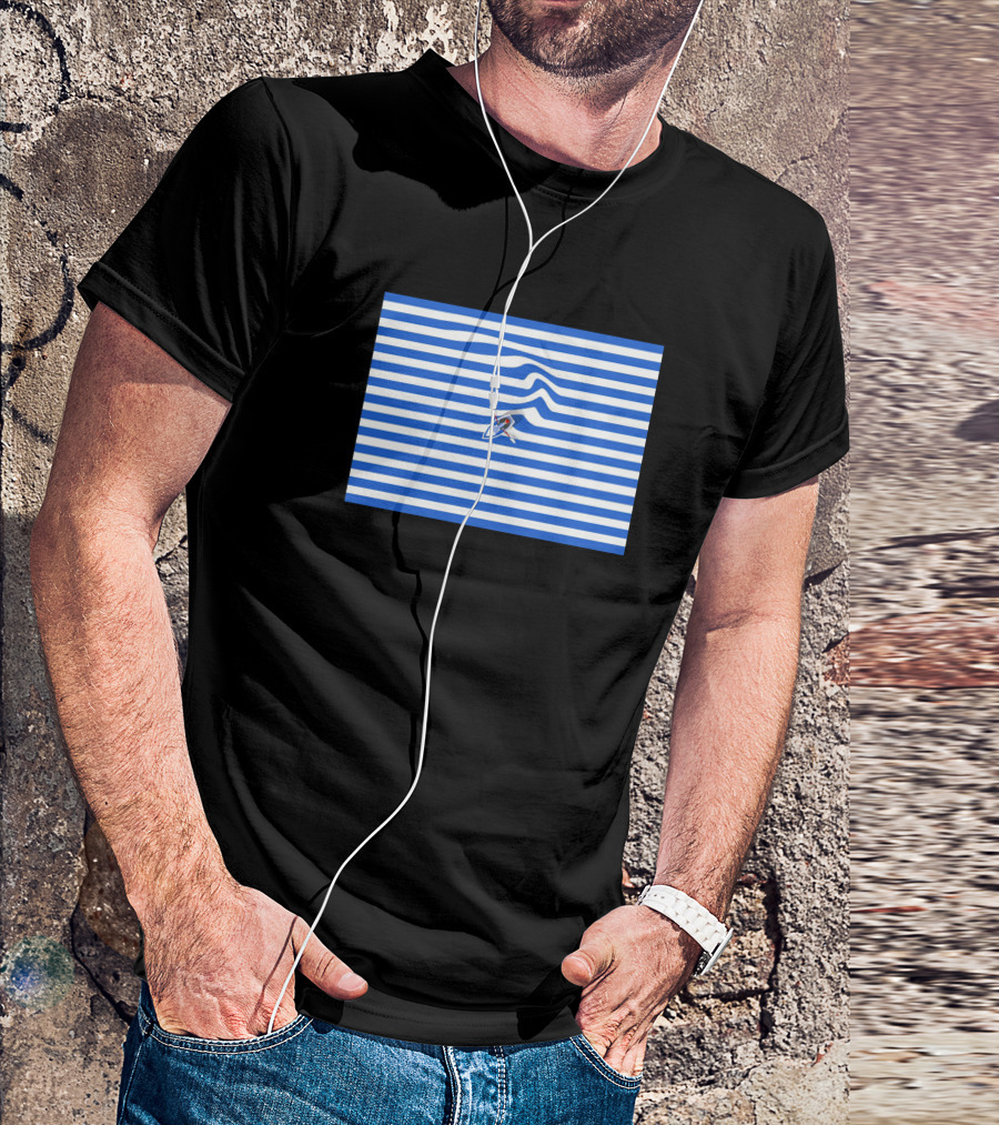 Small Ship On Blue And White Striped Ocean Waves T-Shirt