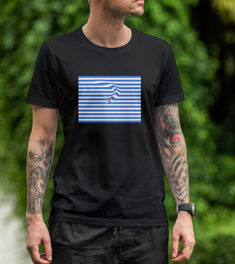 Small Ship On Blue And White Striped Ocean Waves T-Shirt