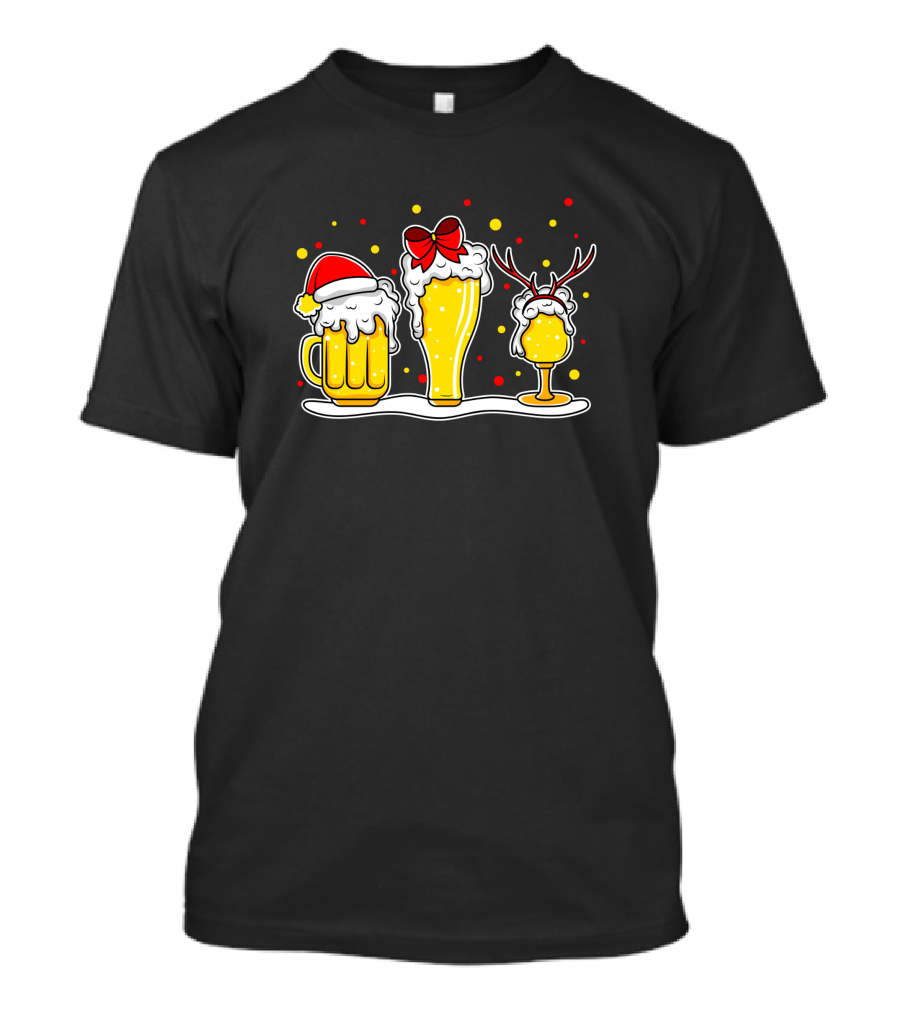 Ugly ChristmasBier Wine Drinks Joy Santa Hat Reindeer Antlers Red Bow T-Shirt