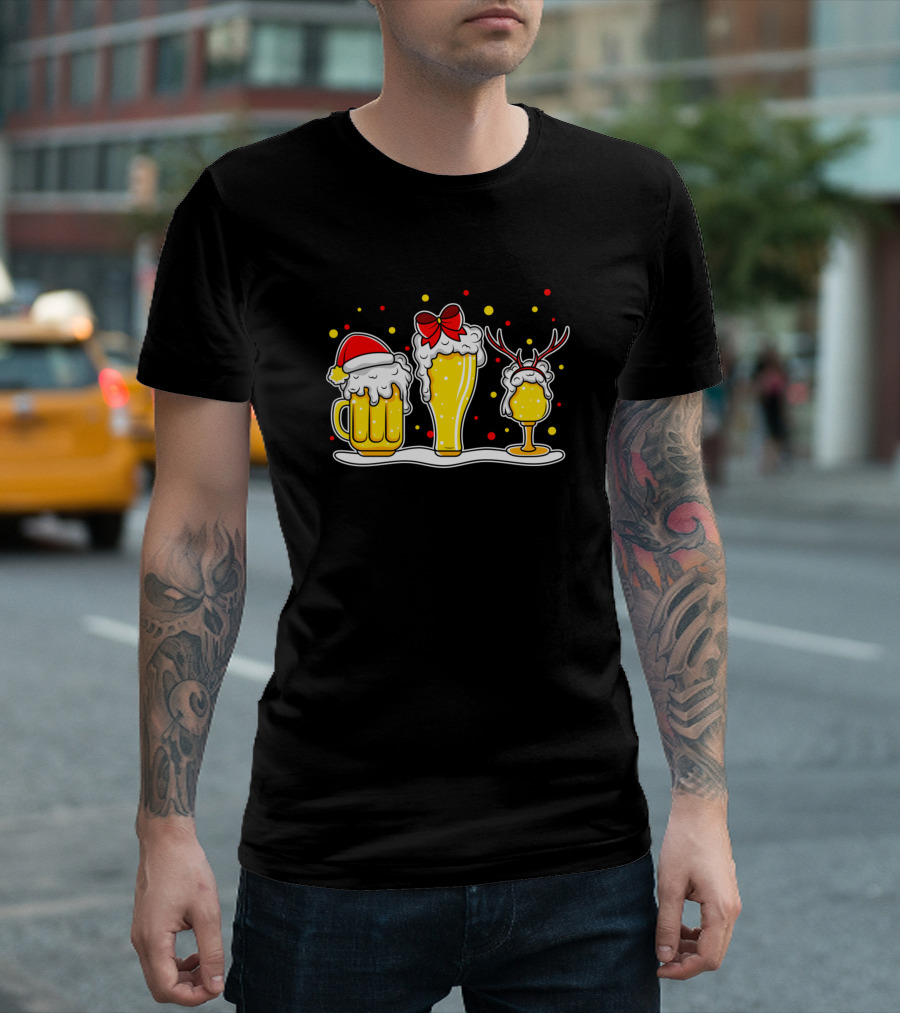 Ugly ChristmasBier Wine Drinks Joy Santa Hat Reindeer Antlers Red Bow T-Shirt