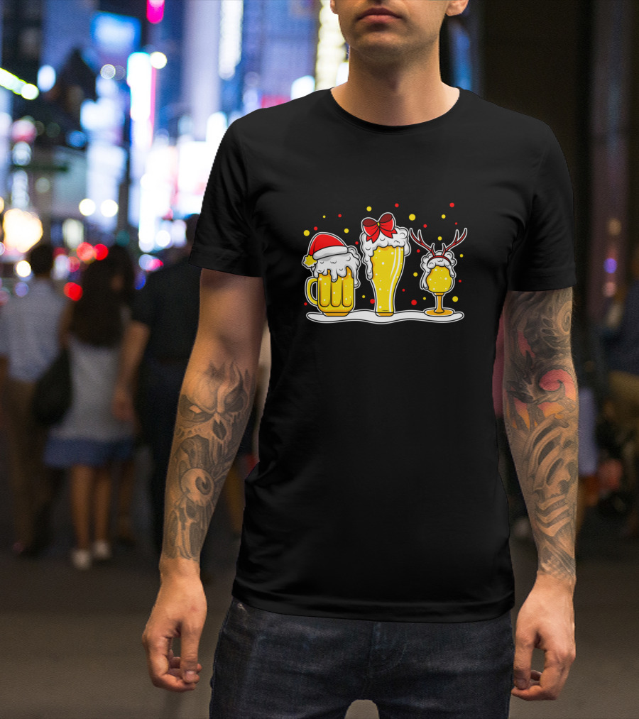 Ugly ChristmasBier Wine Drinks Joy Santa Hat Reindeer Antlers Red Bow T-Shirt