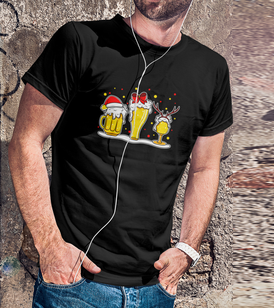 Ugly ChristmasBier Wine Drinks Joy Santa Hat Reindeer Antlers Red Bow T-Shirt