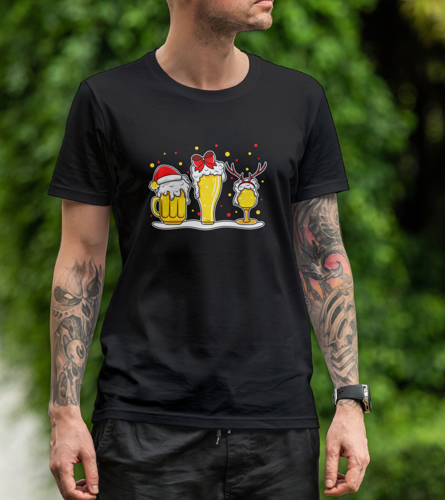 Ugly ChristmasBier Wine Drinks Joy Santa Hat Reindeer Antlers Red Bow T-Shirt