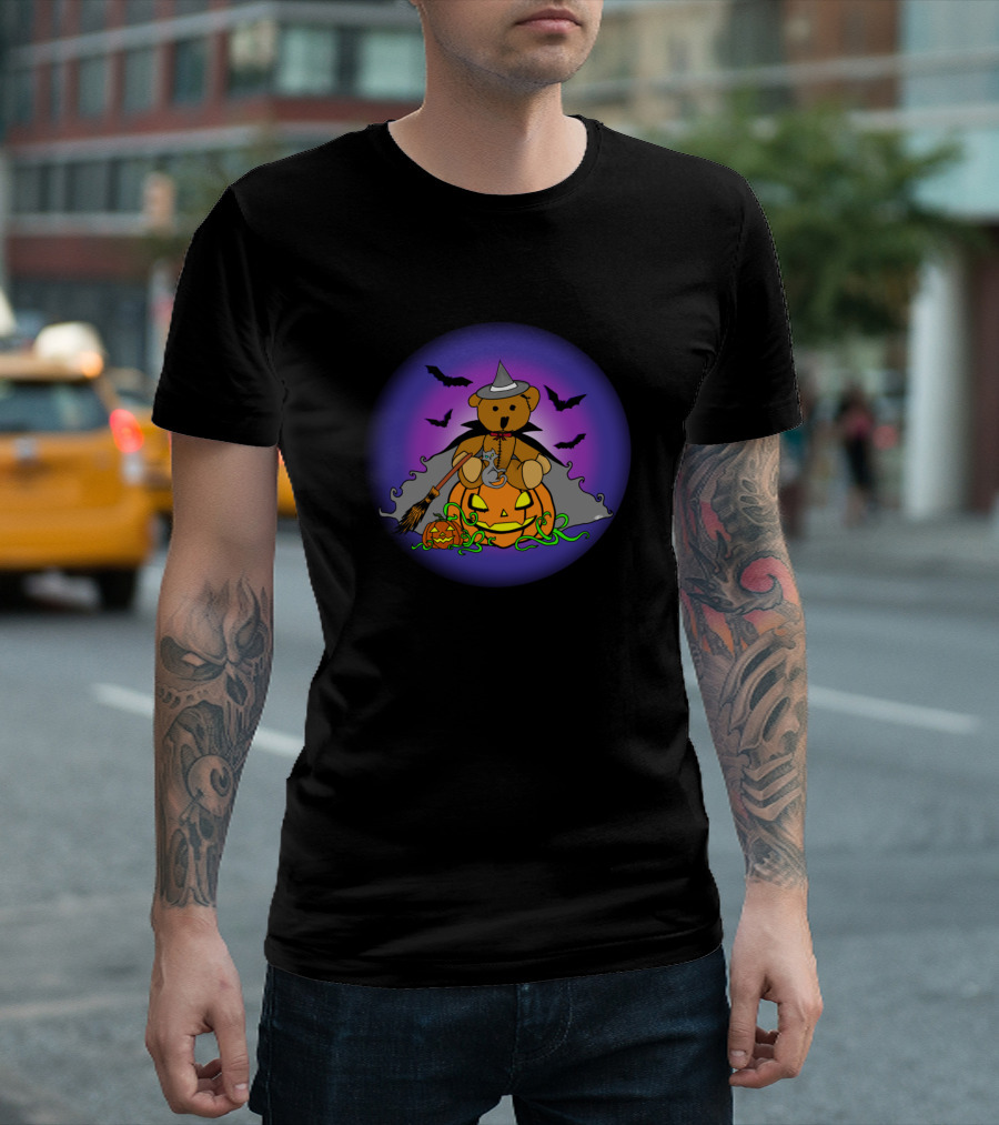 Halloween Witchy Bear on Pumpkin with Bats and Witch Hat T-Shirt