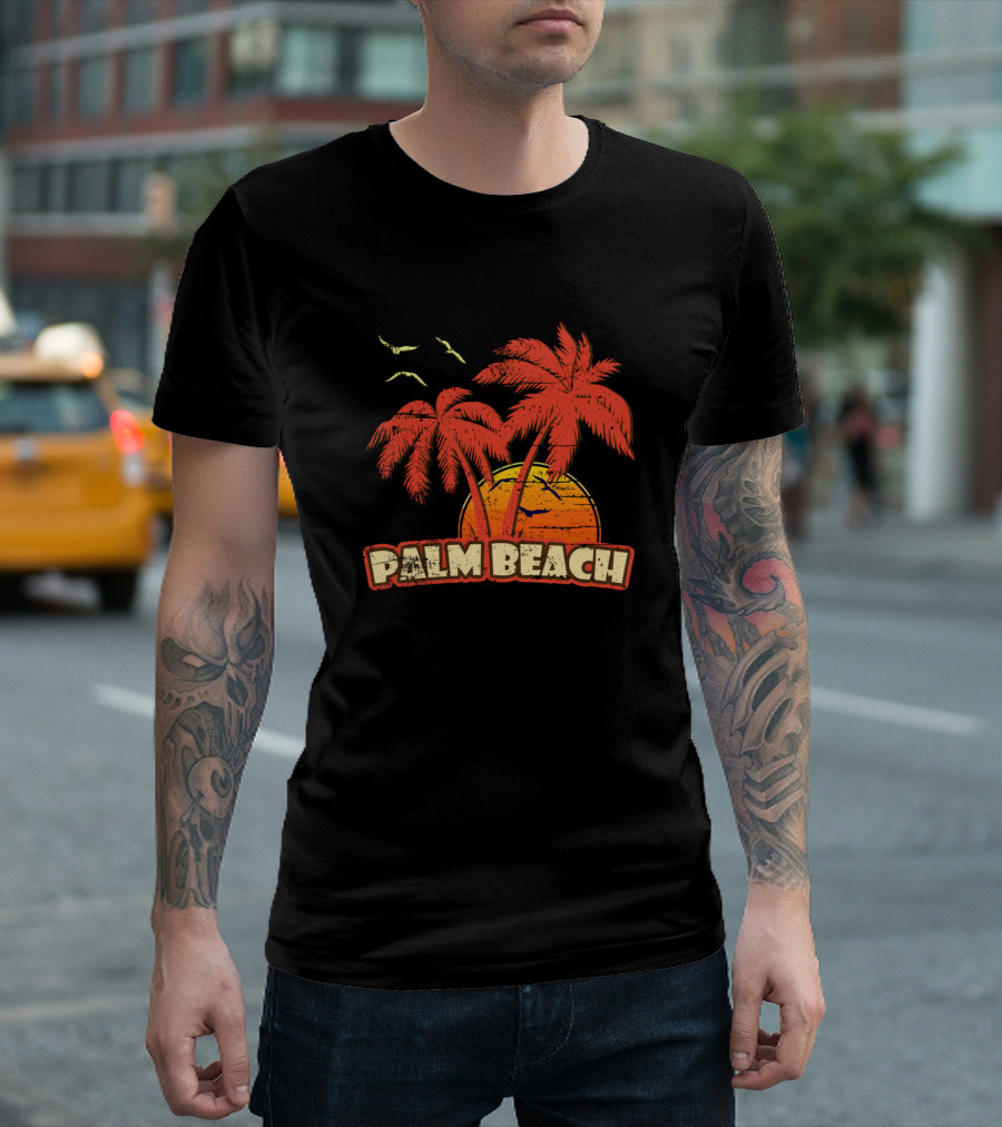 Palm Beach Vintage Sunset Palm Trees and Birds Orange Yellow T-Shirt