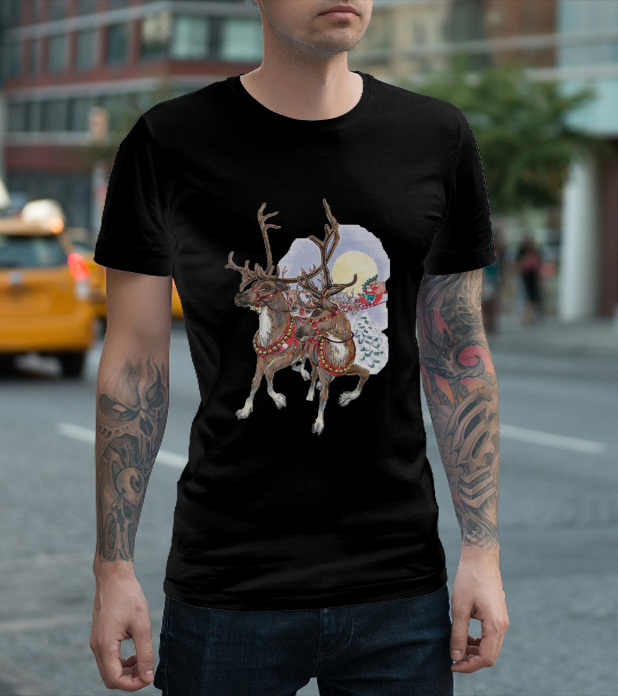 Reindeer Pulling Sleigh in Christmas Moonlit Winter Scene T-Shirt