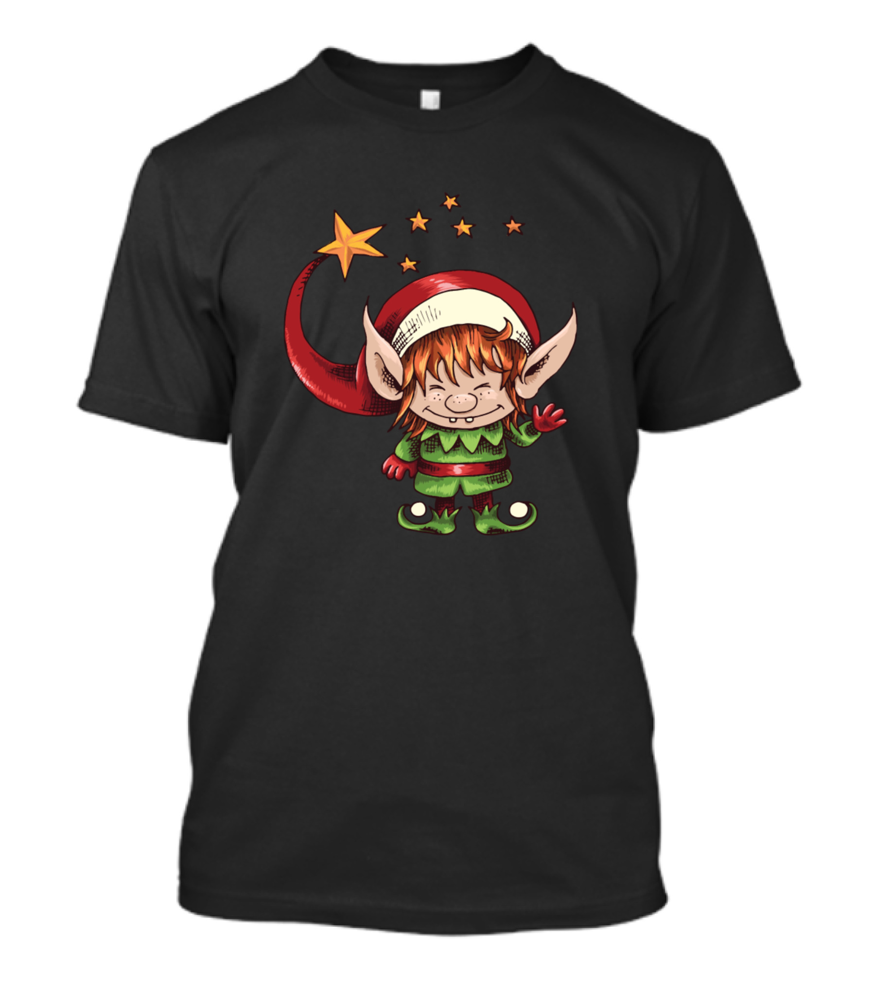 Christmas Elf With Starry Red Hat And Green Suit T-Shirt