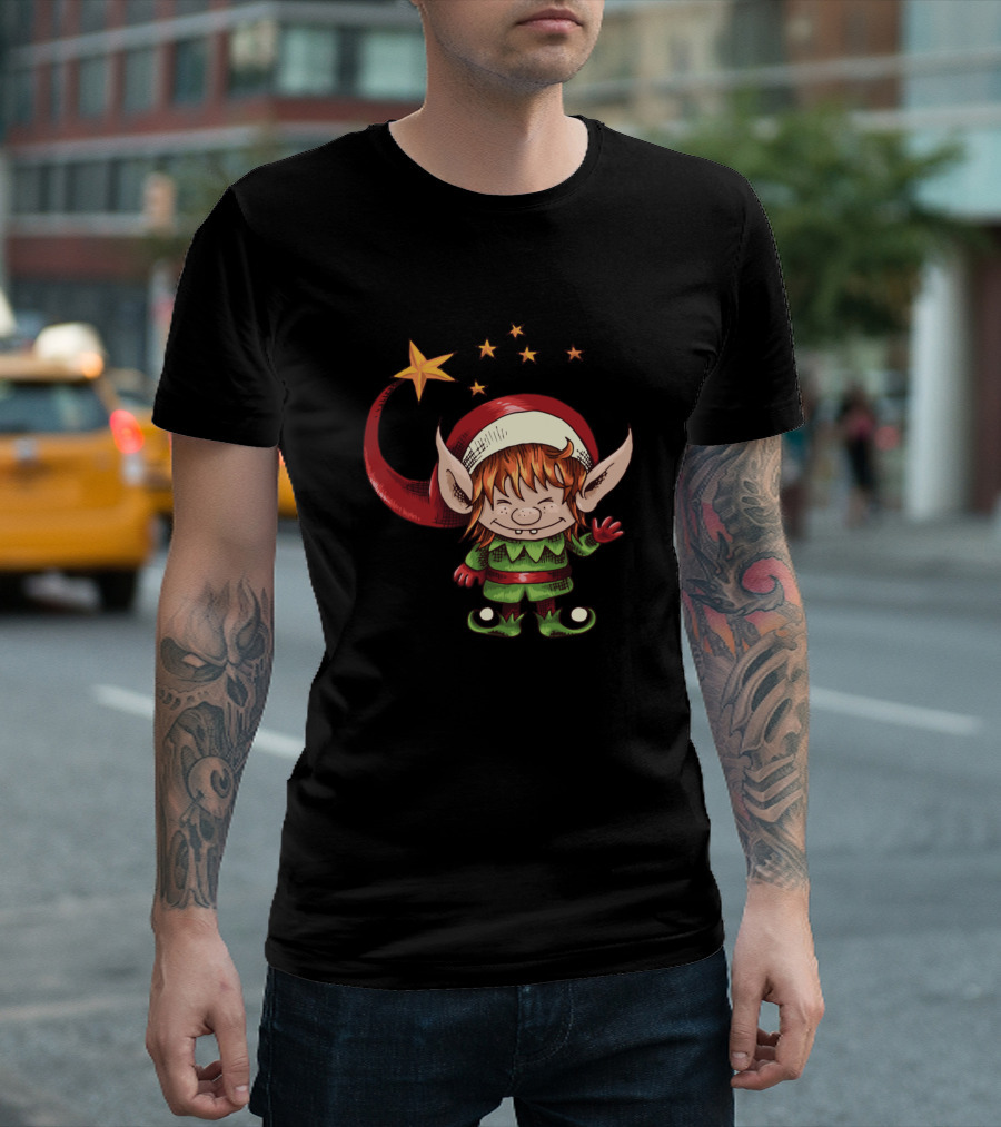 Christmas Elf With Starry Red Hat And Green Suit T-Shirt