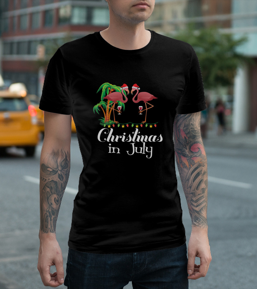 Christmas in July Flamingo Santa Hats with Tropical Palm T-Shirt