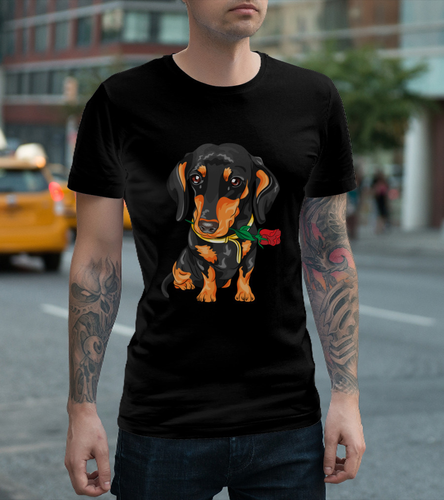 Dachshund Dog With Red Rose Flower T-Shirt