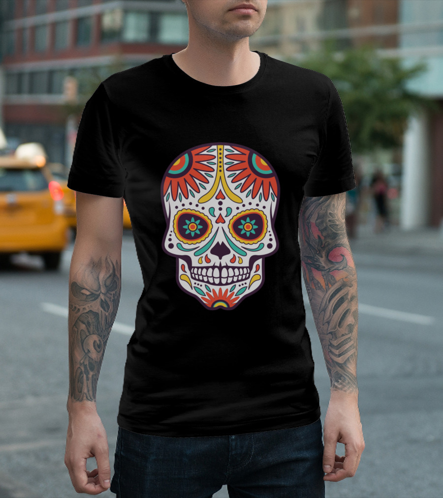 Colorful Sugar Skull Day Of The Dead Decorated Face T-Shirt