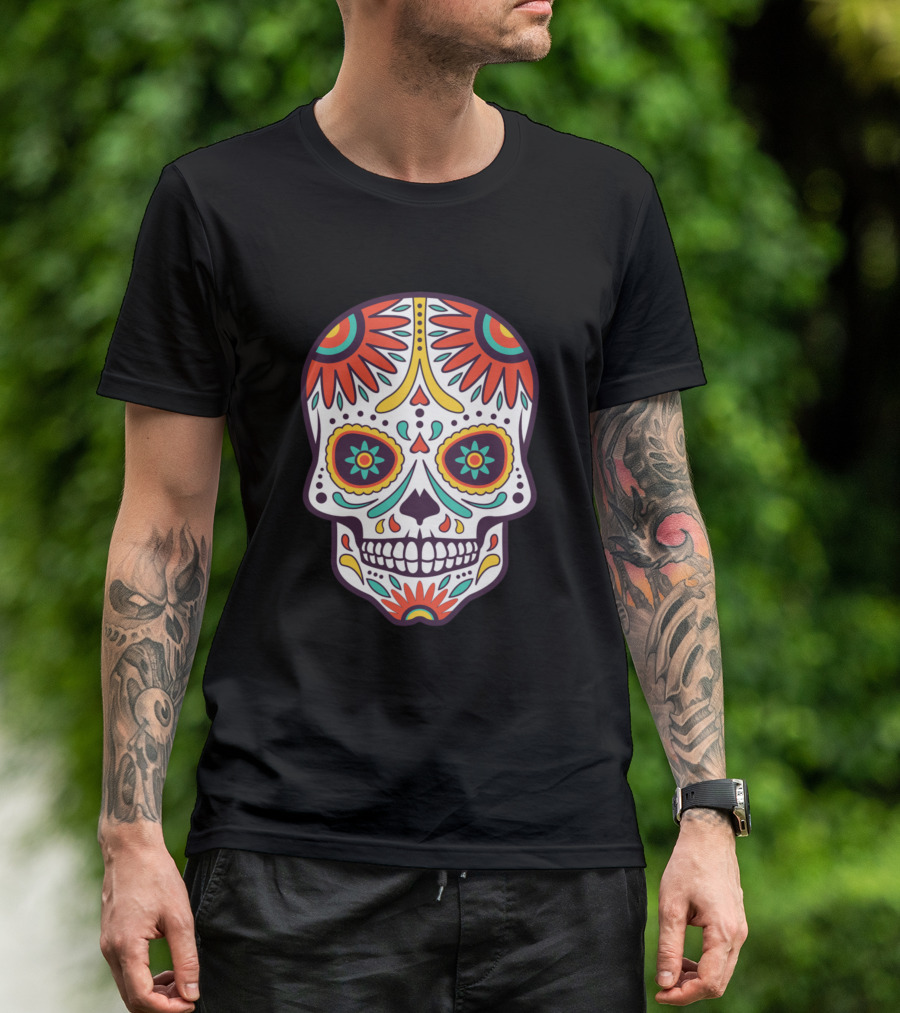 Colorful Sugar Skull Day Of The Dead Decorated Face T-Shirt