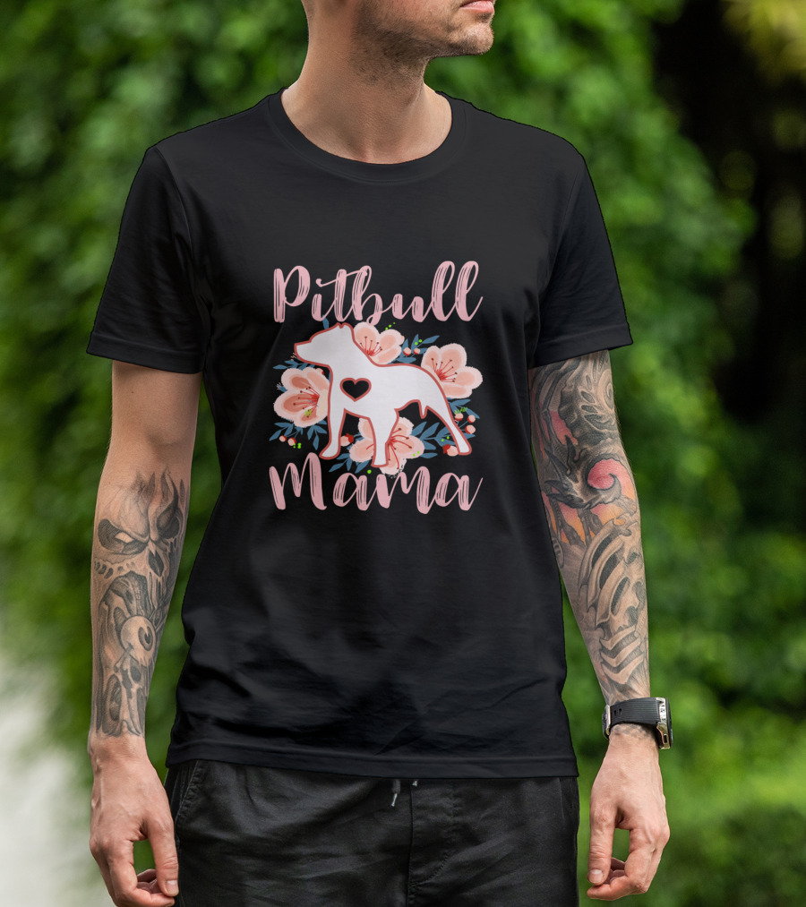 Pitbull Mama Heart Silhouette With Floral Background T-Shirt