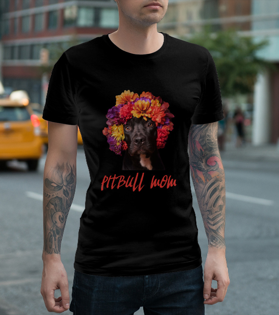 Pitbull Mom Colorful Flower Crown Dog Lovers T-Shirt