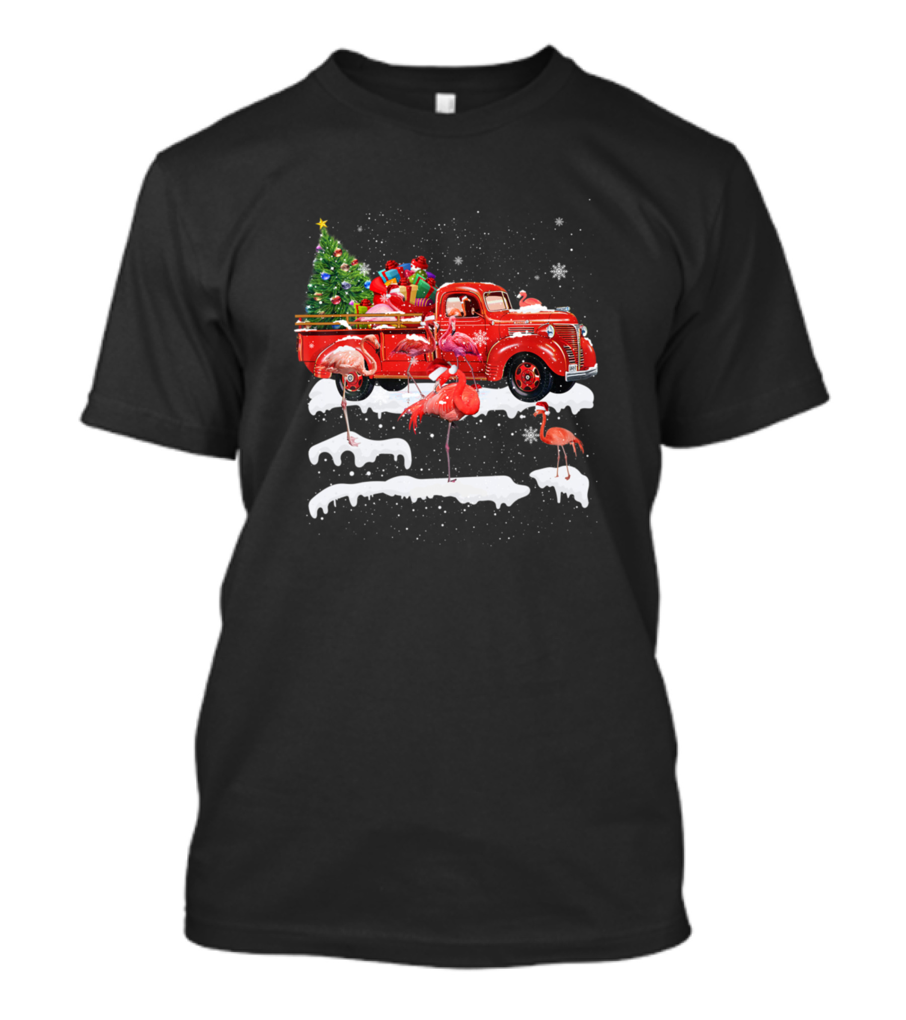 Flamingo Riding Red Truck Merry Christmas X Mas Tree Snowflakes Holiday Ug T-Shirt