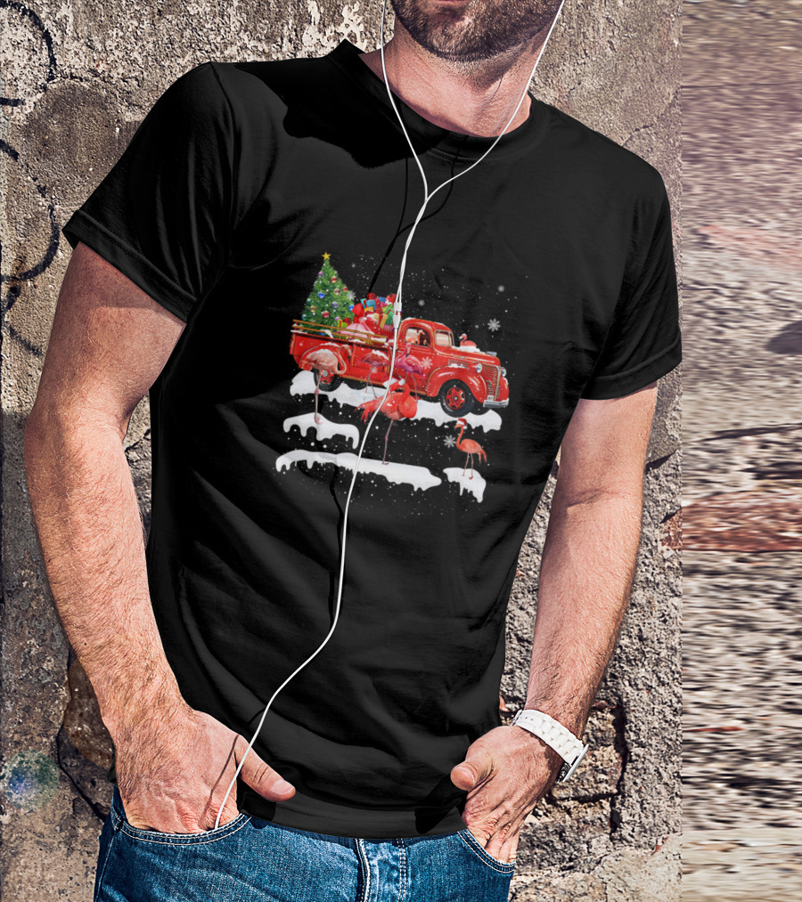Flamingo Riding Red Truck Merry Christmas X Mas Tree Snowflakes Holiday Ug T-Shirt