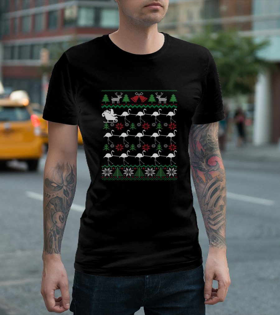 Santa's Sleigh Pulled by Festive Flamingos in Christmas T-Shirt