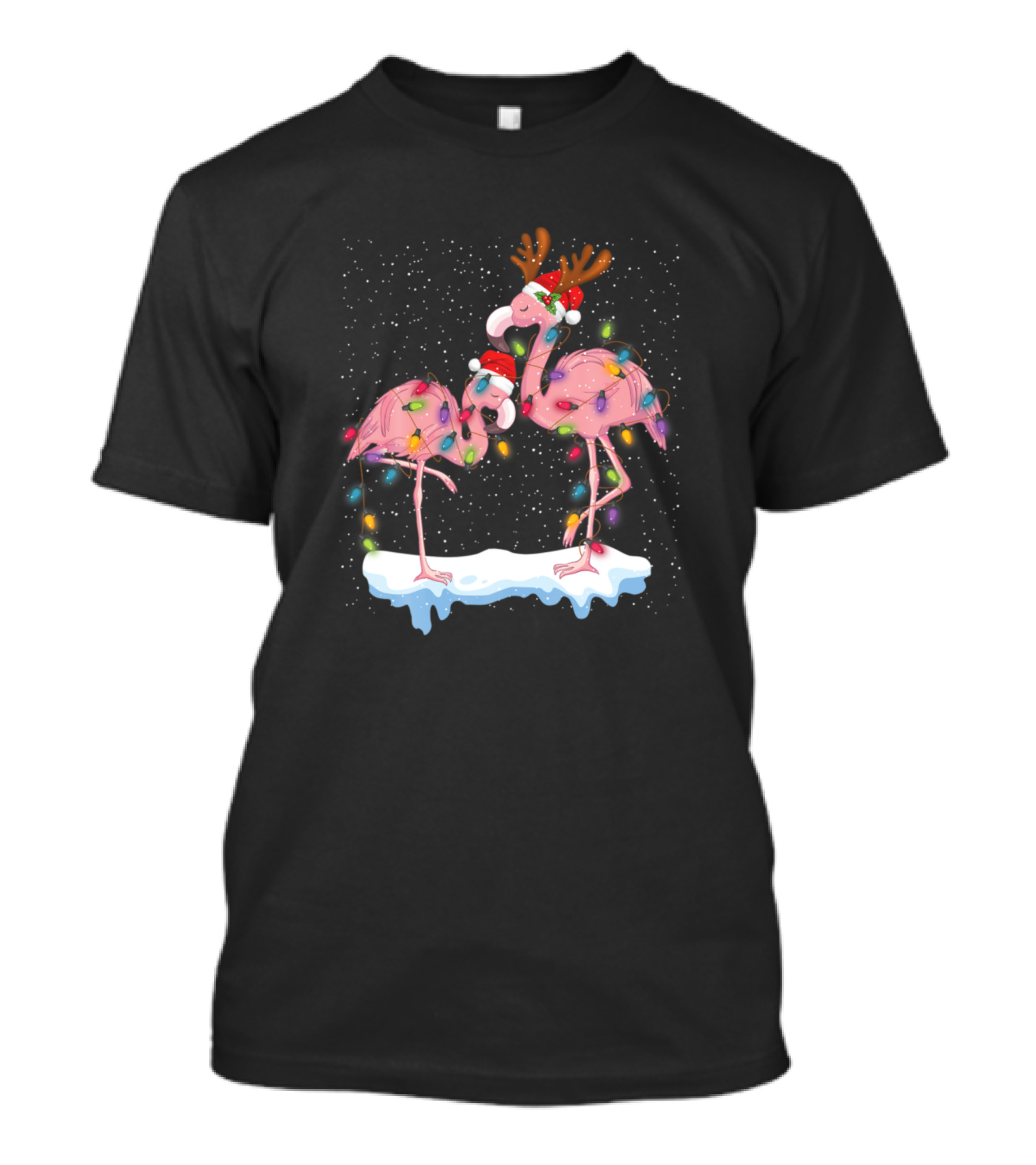 Flamingos In Santa Hats With Christmas Lights And Reindeer Antlers T-Shirt