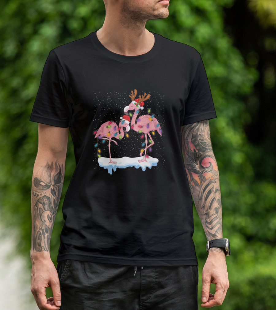 Flamingos In Santa Hats With Christmas Lights And Reindeer Antlers T-Shirt