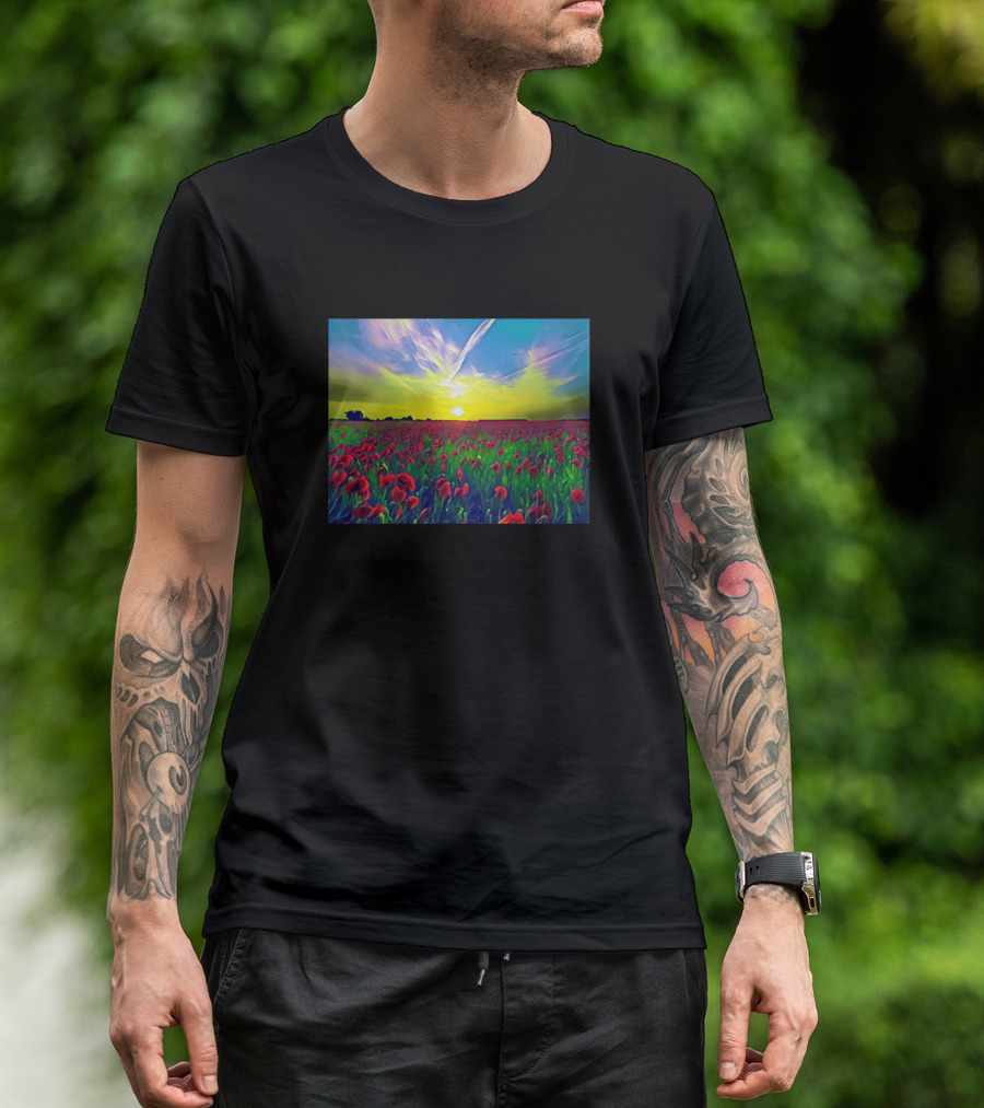 Flower Field Of Love Sunset Horizon Digital Landscape T-Shirt