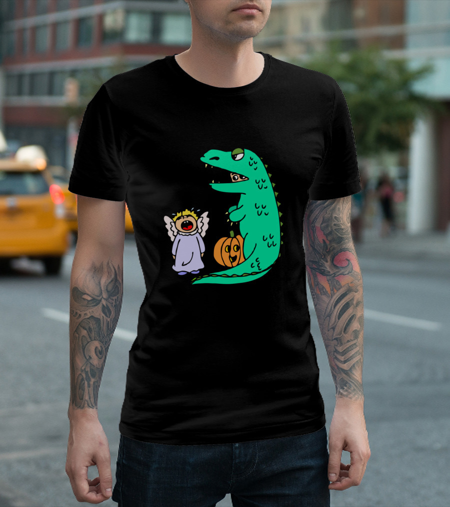 Funny Halloween Angel Costume with Dinosaur Eating Candy T-Shirt