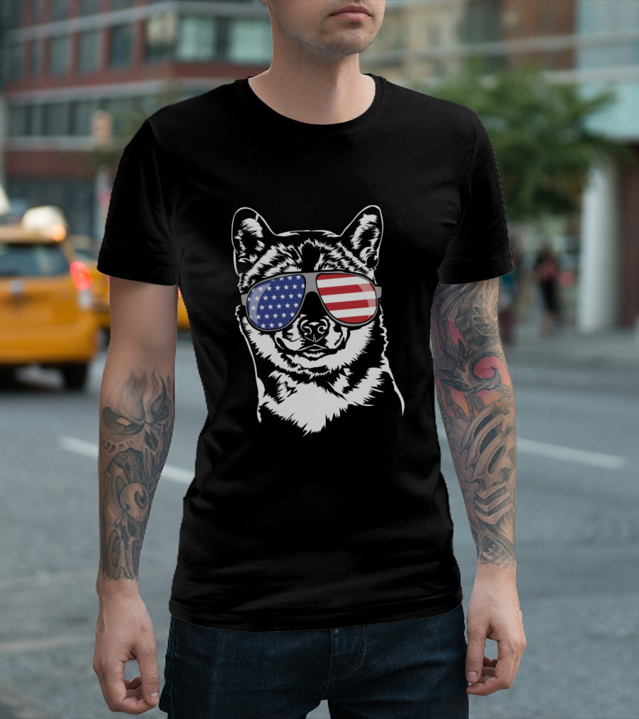 Shiba Inu with American Flag Sunglasses Patriotic Humor T-Shirt