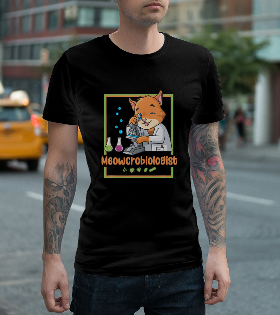 Meowcrobiologist Cat Microbiology Biologist with Microscope and Beakers T-Shirt