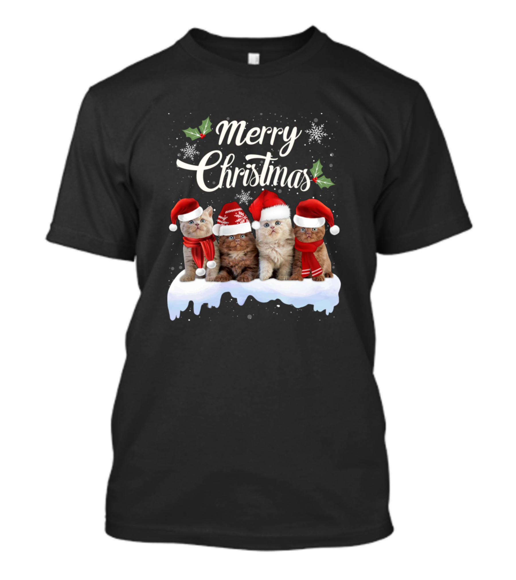Merry Christmas Kitten Cat Kitty Santa Hats Snowflakes Holly T-Shirt