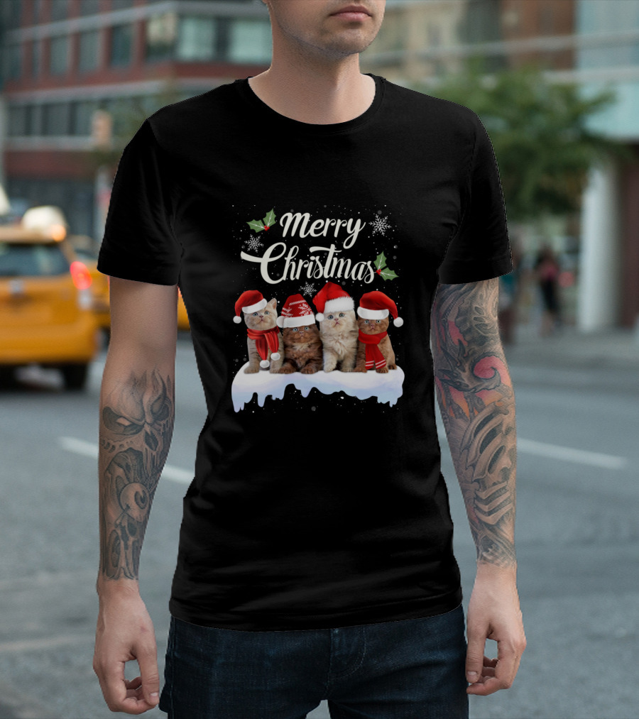 Merry Christmas Kitten Cat Kitty Santa Hats Snowflakes Holly T-Shirt