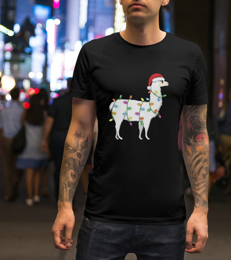 Merry Christmas Tree Lights Llama Santa Hat T-Shirt