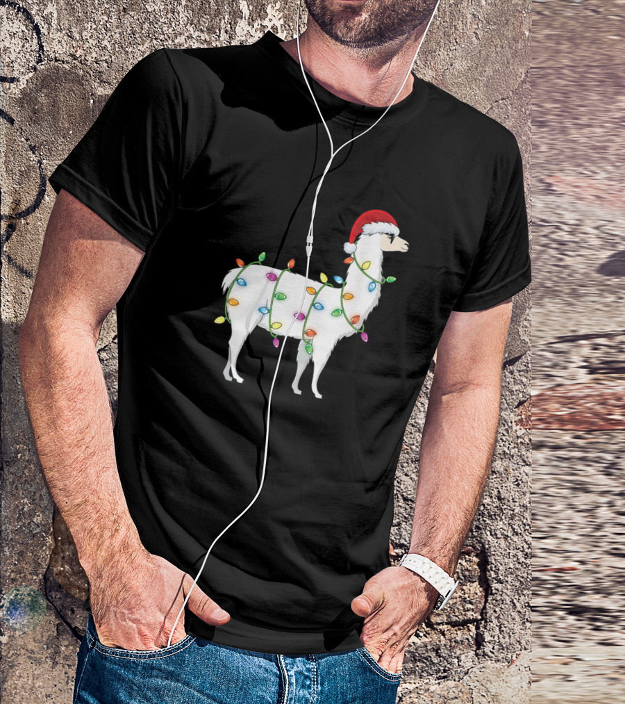 Merry Christmas Tree Lights Llama Santa Hat T-Shirt