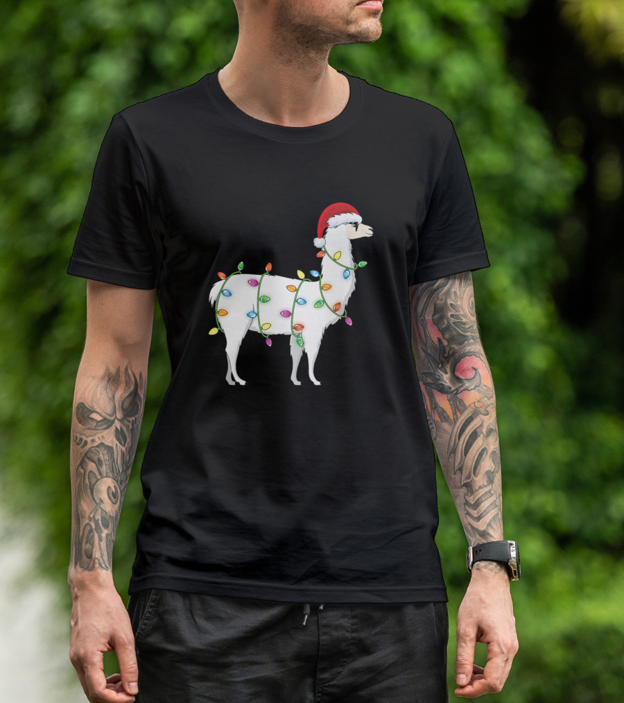 Merry Christmas Tree Lights Llama Santa Hat T-Shirt