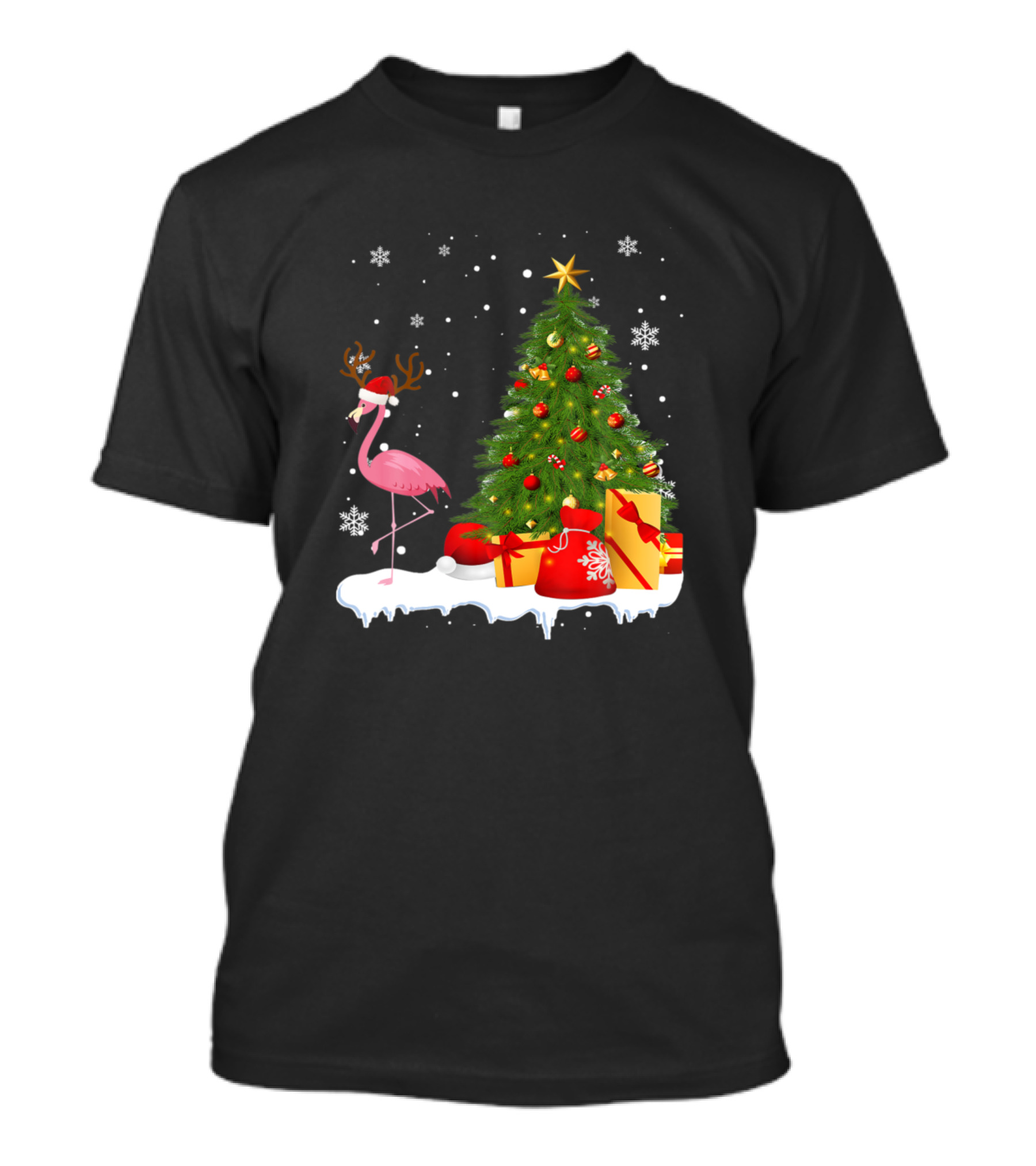 Santa Reindeer Flamingo Christmas Tree With Gifts And Snowflakes T-Shirt