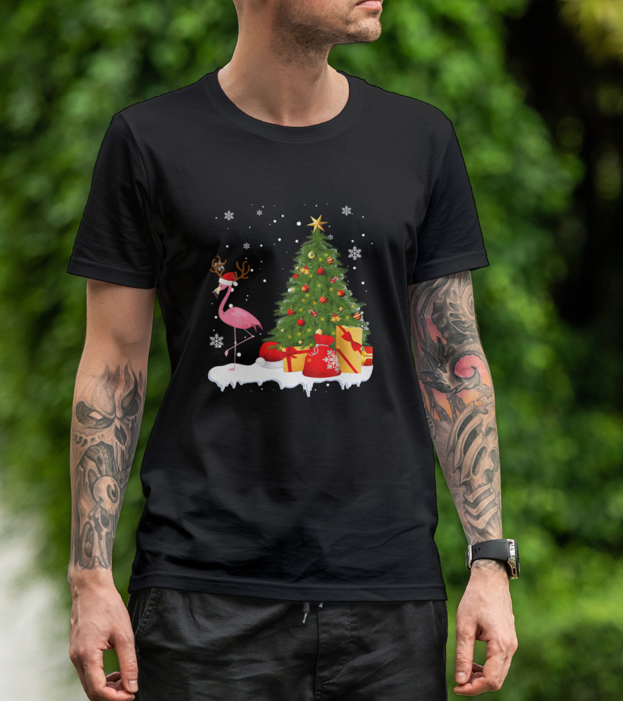 Santa Reindeer Flamingo Christmas Tree With Gifts And Snowflakes T-Shirt