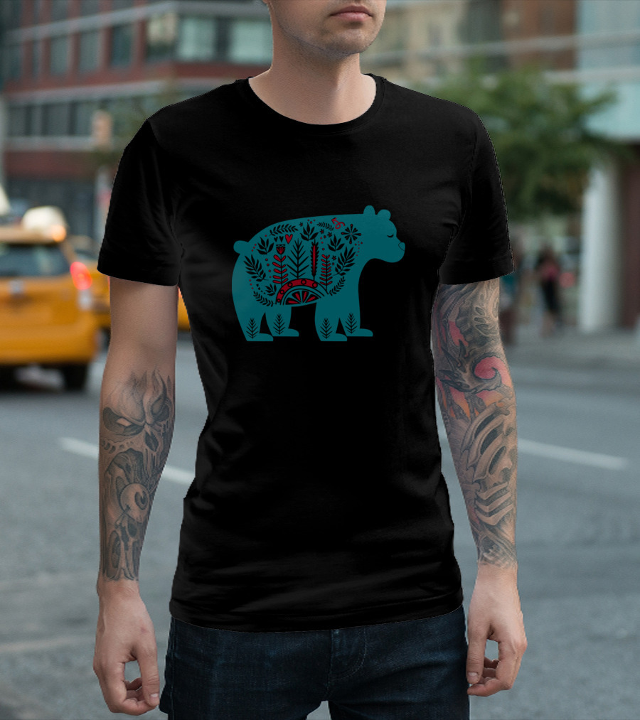Scandinavian Bear Folk Art Floral Teal Red T-Shirt