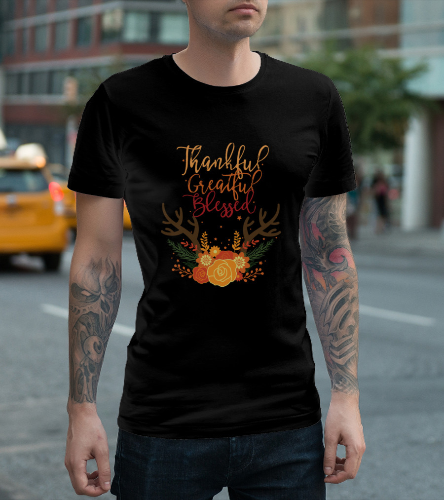 Thankful Grateful Blessed Fall Harvest Floral Antlers T-Shirt
