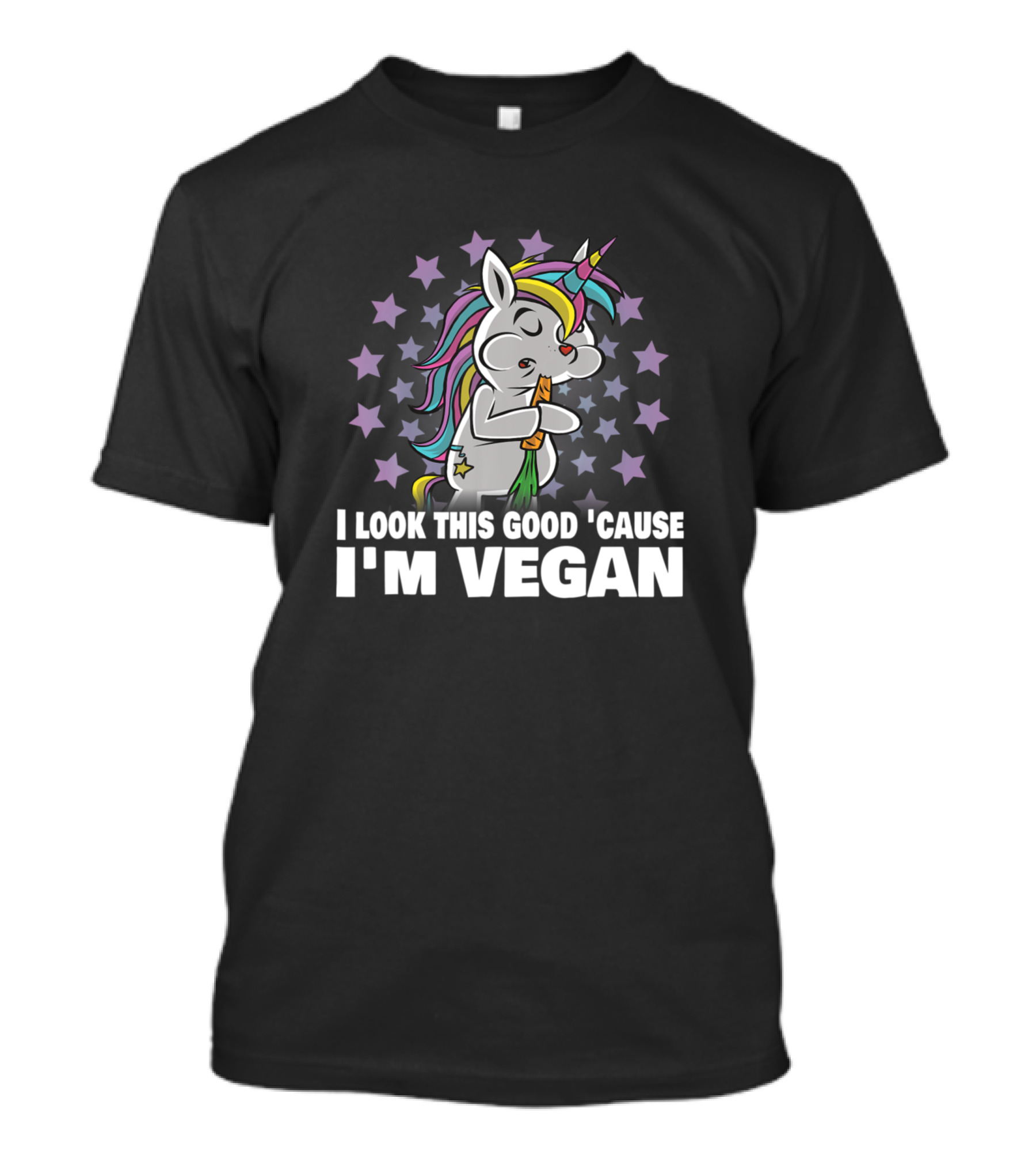 Unicorn Eating Carrot Surrounded By Stars With I Look This Good 'Cause I'm Vegan T-Shirt