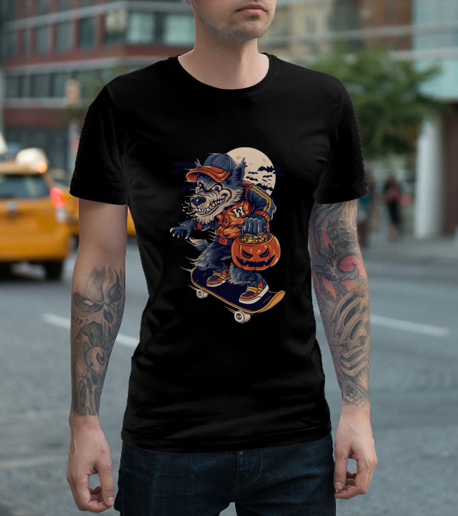 Wolf Monster Skateboarder with Pumpkin Under Full Moon T-Shirt