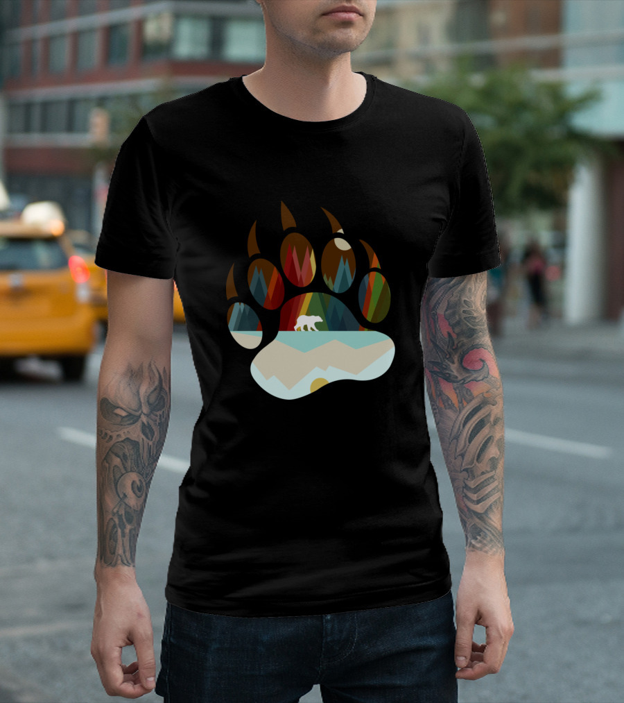 Bear Forest Paw Silhouette with Mountains and Trees T-Shirt