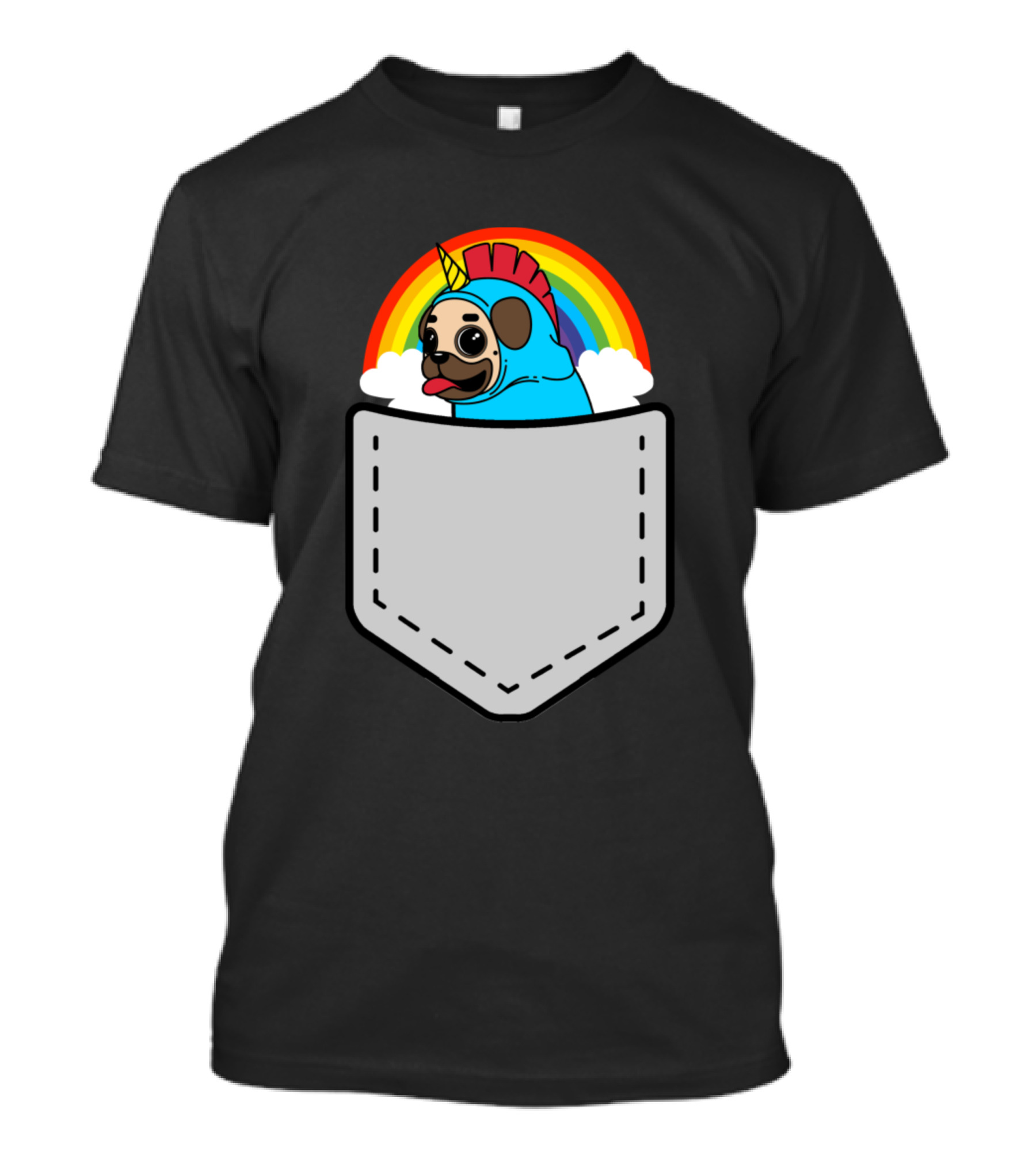 Rainbow Unicorn Pug In Pocket T-Shirt