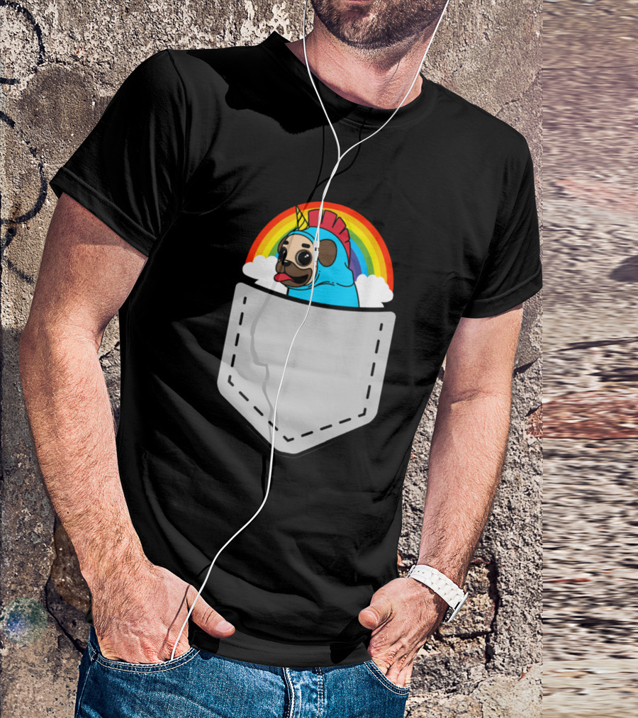 Rainbow Unicorn Pug In Pocket T-Shirt