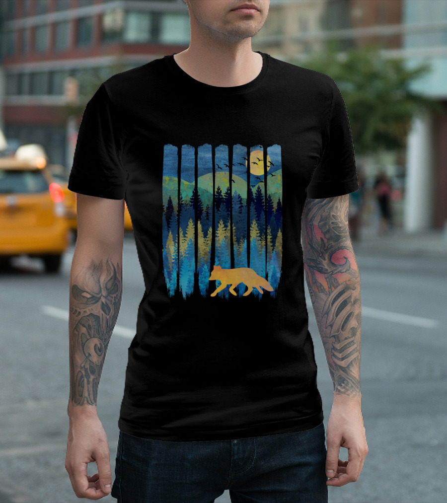 Forest Night Mist Mountains and Wolf Brush Strokes T-Shirt