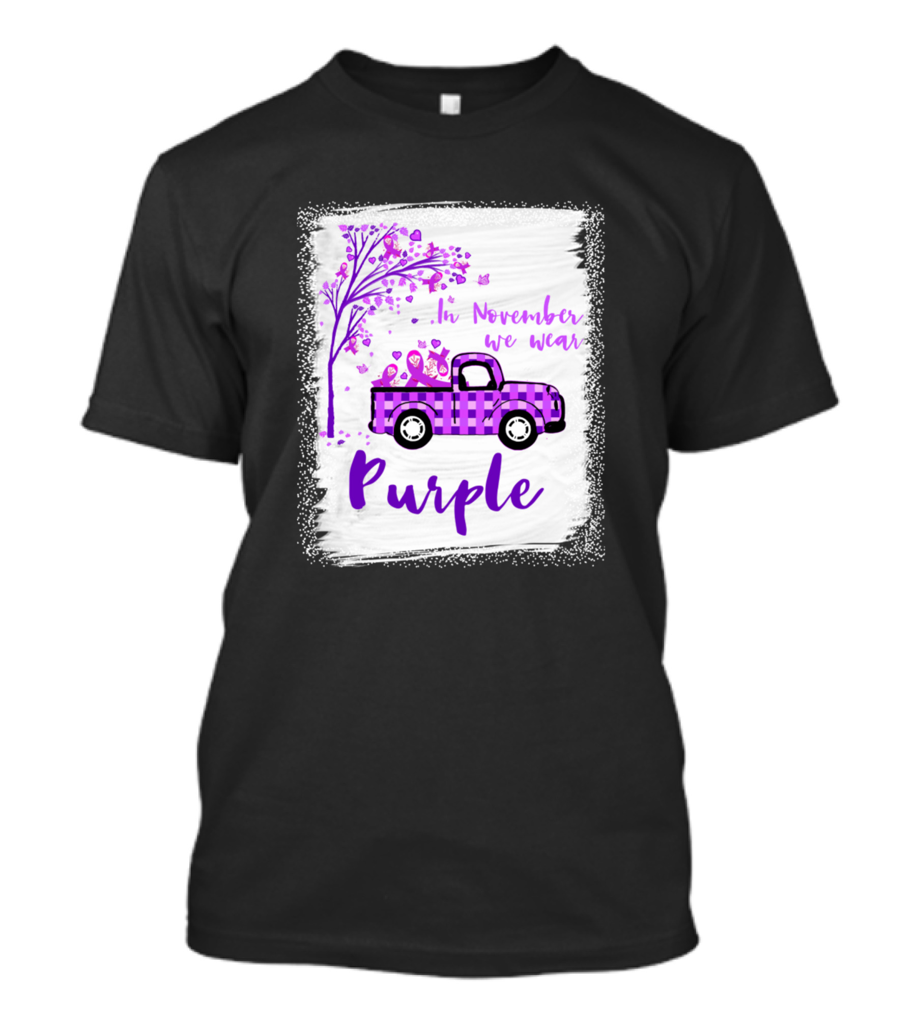 In November We Wear Purple Plaid Truck With Tree And Ribbons T-Shirt