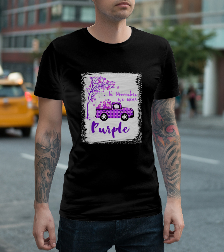 In November We Wear Purple Plaid Truck With Tree And Ribbons T-Shirt