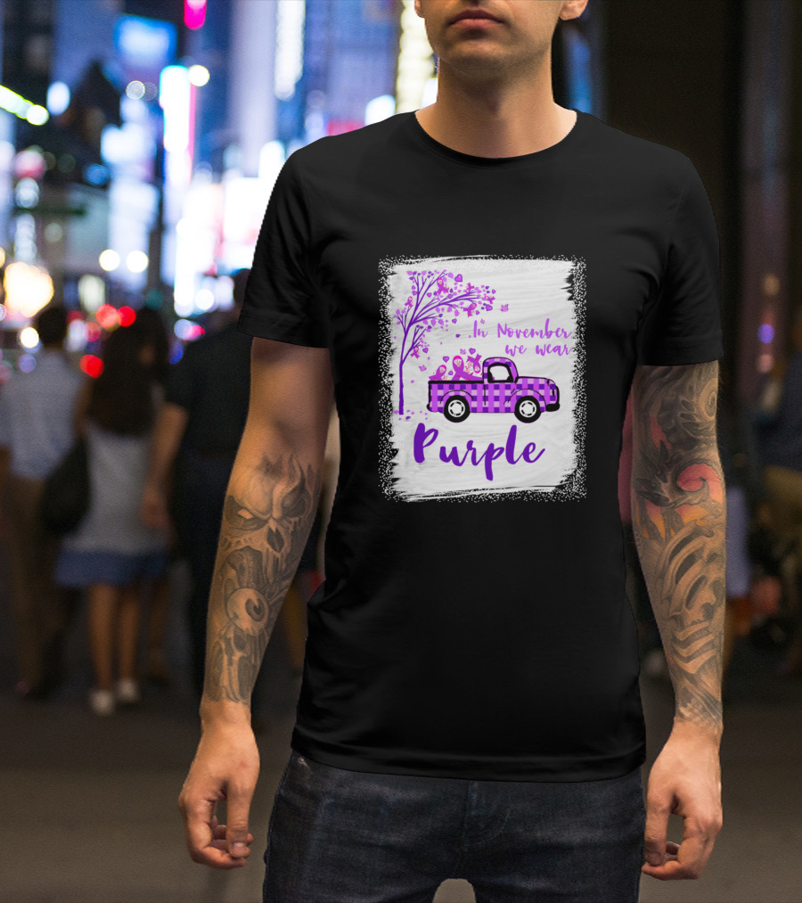 In November We Wear Purple Plaid Truck With Tree And Ribbons T-Shirt