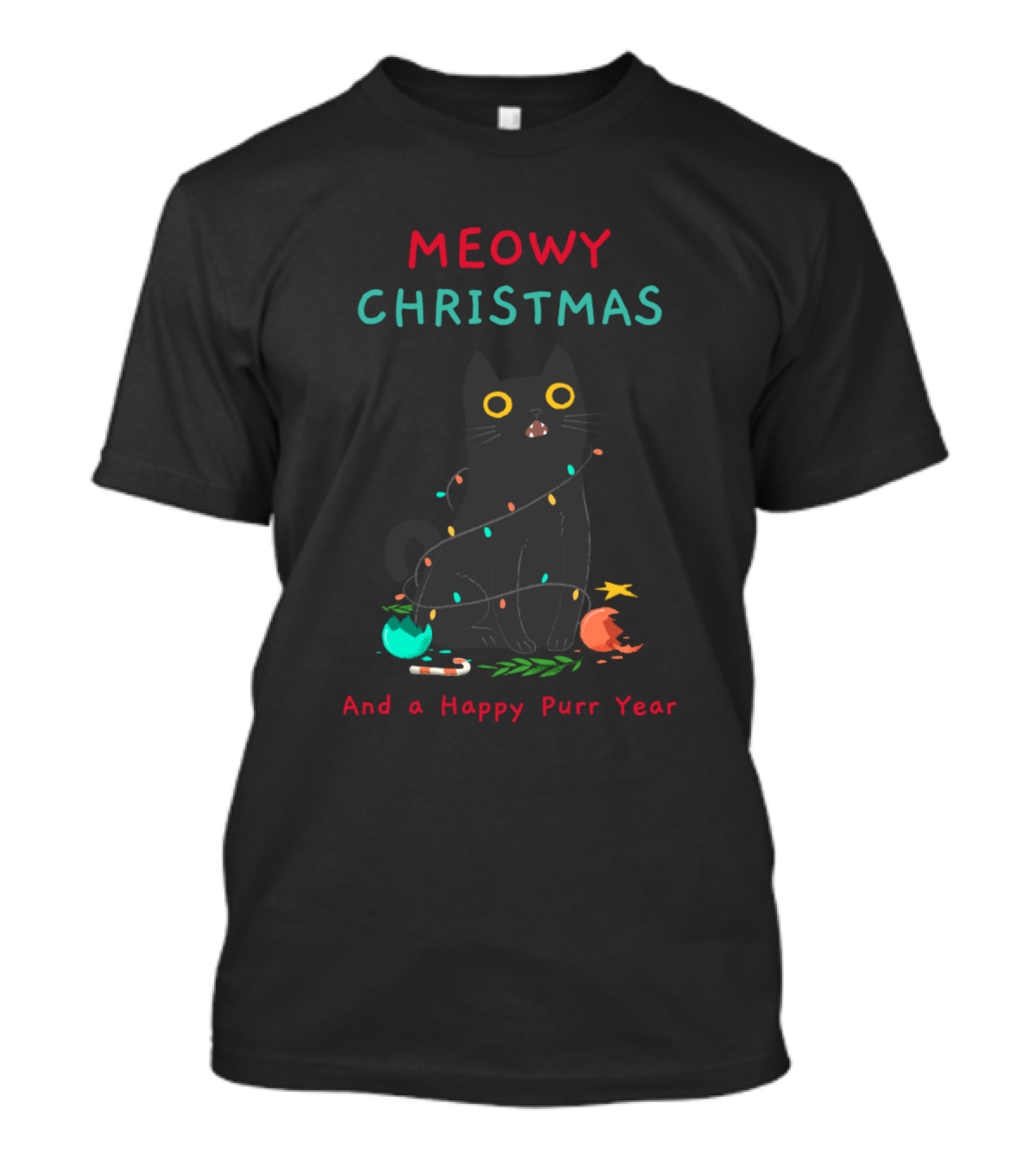 Meowy Christmas And A Happy Purr Year Cat Wrapped In Christmas Lights T-Shirt