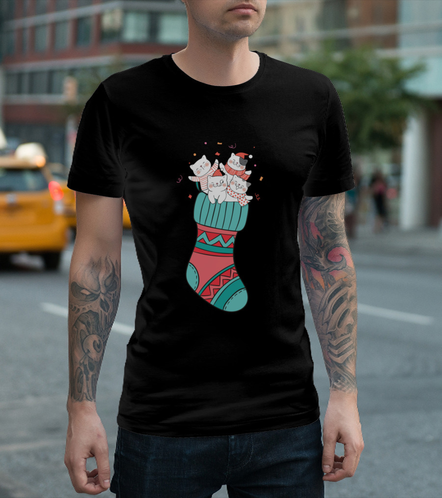 Merry Cats and Kittens in Festive Christmas Stocking T-Shirt