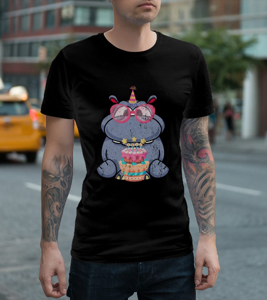 Retro Hippo Birthday Party Celebration Cake Candles Fun T-Shirt