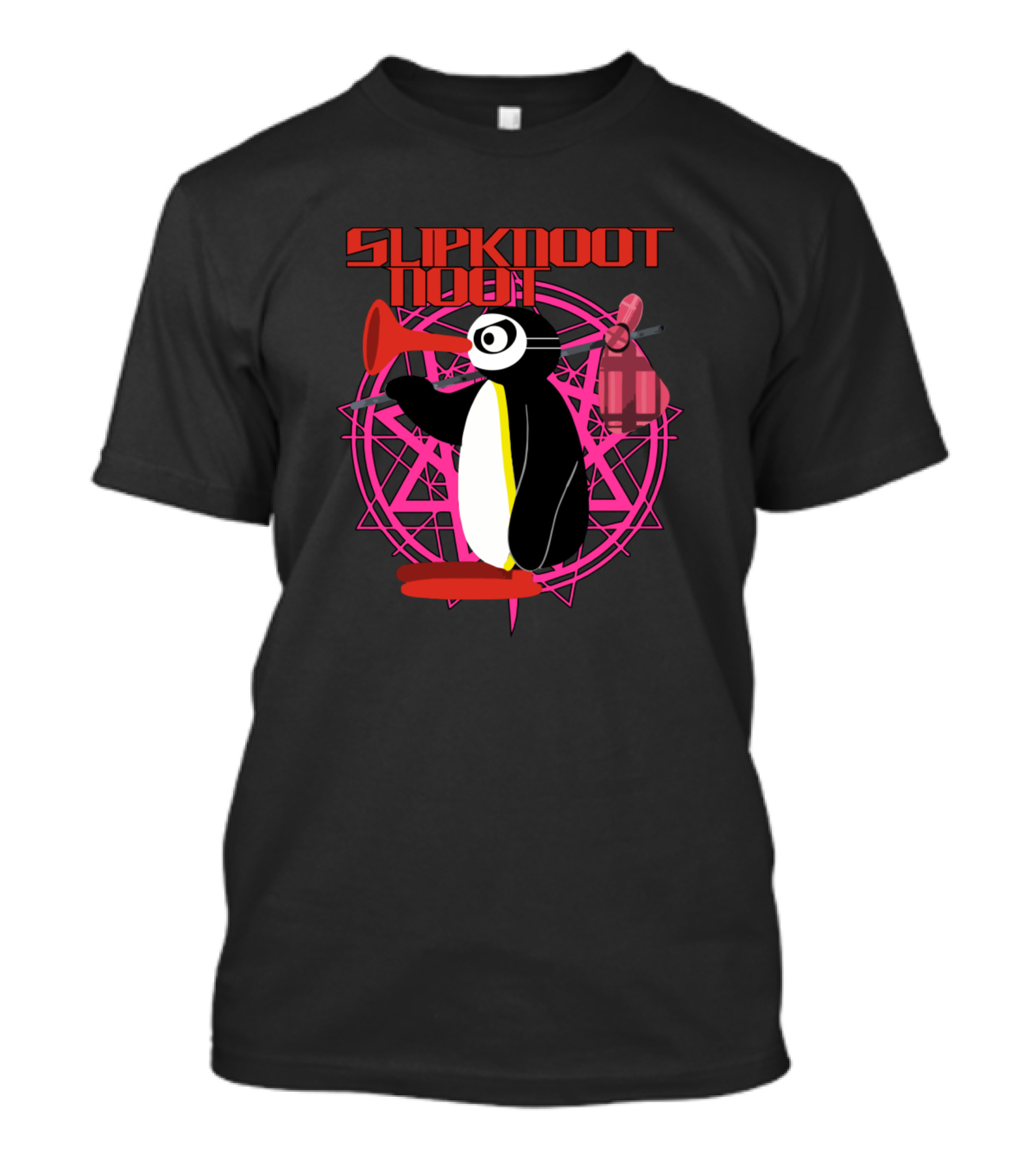 Slipknoot Noot Penguin With Red Horn And Pink Star Background T-Shirt